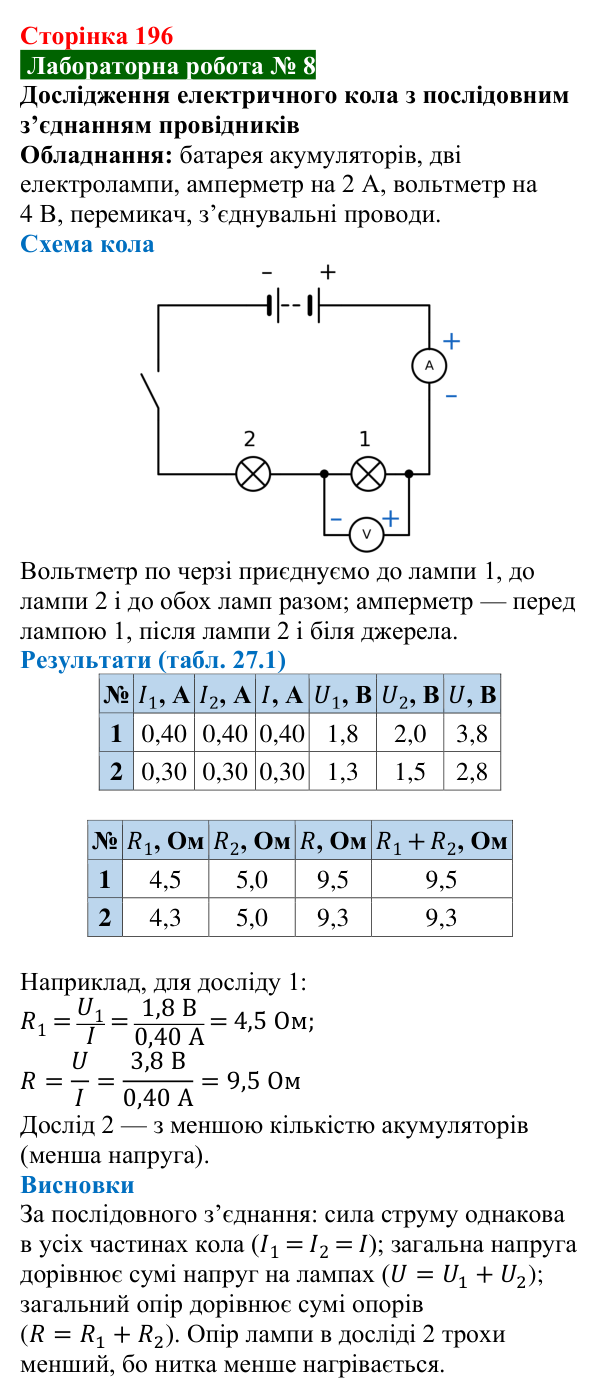 Лабораторна робота № 8 до § 27 (с. 196) з фізики для 8 класу (Засєкіна, 2025)