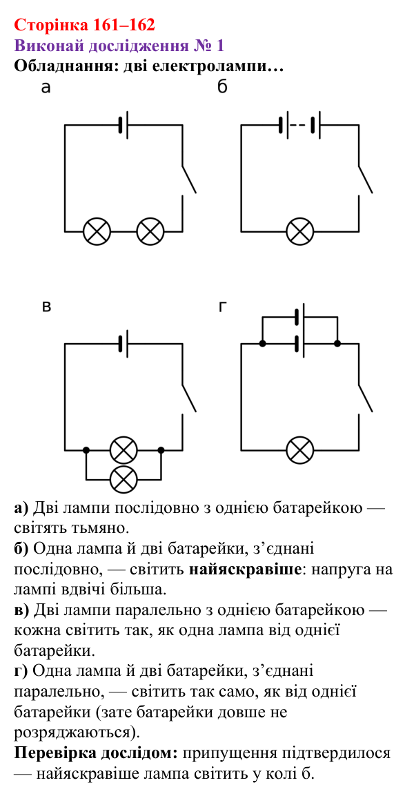 Відповідь до дослідження № 1 § 23 (с. 161–162) з фізики для 8 класу (Засєкіна, 2025): Електричне коло