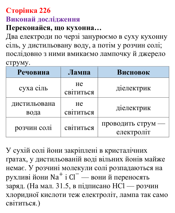 Рубрика «Виконай дослідження» § 31 (с. 226) з фізики для 8 класу (Засєкіна, 2025): Струм у різних середовищах