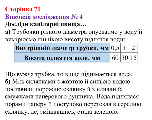 Відповідь до дослідження № 4 § 9 (с. 71) з фізики для 8 класу (Засєкіна, 2025): Поверхневий натяг, змочування, капілярні явища