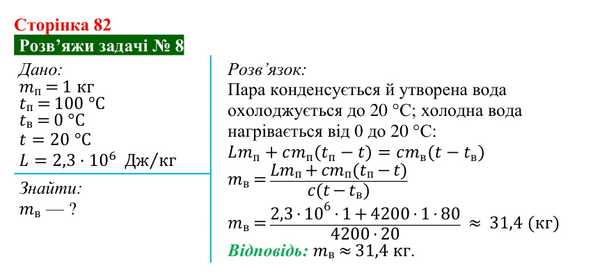 Розв’язок задачі 8 до § 11 (с. 82) з фізики для 8 класу (Засєкіна, 2025): Кількість теплоти за кипіння, конденсації