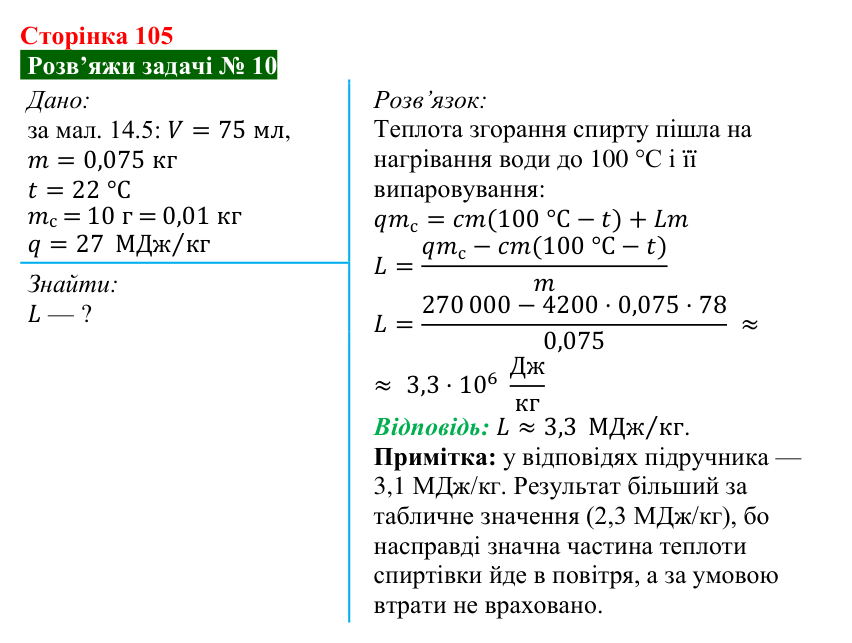 Розв’язок задачі 10 до § 14 (с. 105) з фізики для 8 класу (Засєкіна, 2025): Згорання палива. ККД нагрівника