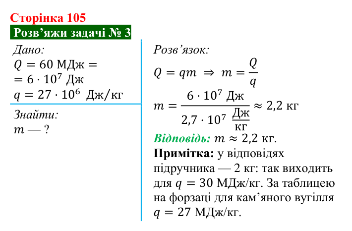 Розв’язок задачі 3 до § 14 (с. 105) з фізики для 8 класу (Засєкіна, 2025): Згорання палива. ККД нагрівника