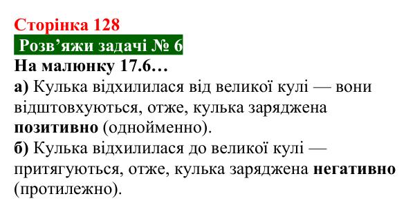 Розв’язок задачі 6 до § 17 (с. 128) з фізики для 8 класу (Засєкіна, 2025): Електричний заряд