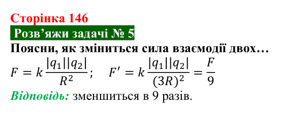 Розв’язок задачі 5 до § 20 (с. 146) з фізики для 8 класу (Засєкіна, 2025): Сила електричної взаємодії