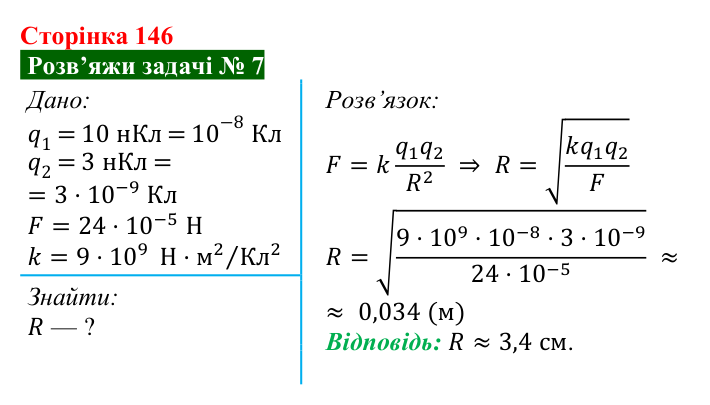 Розв’язок задачі 7 до § 20 (с. 146) з фізики для 8 класу (Засєкіна, 2025): Сила електричної взаємодії