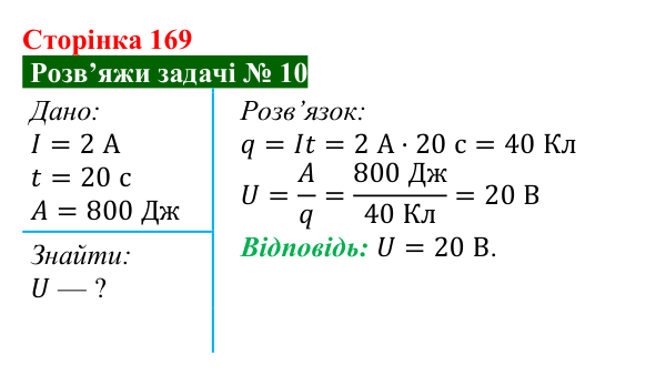 Розв’язок задачі 10 до § 24 (с. 169) з фізики для 8 класу (Засєкіна, 2025): Сила струму і напруга