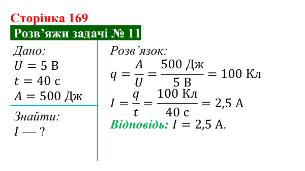 Розв’язок задачі 11 до § 24 (с. 169) з фізики для 8 класу (Засєкіна, 2025): Сила струму і напруга