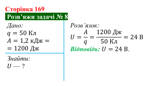 Розв’язок задачі 8 до § 24 (с. 169) з фізики для 8 класу (Засєкіна, 2025): Сила струму і напруга
