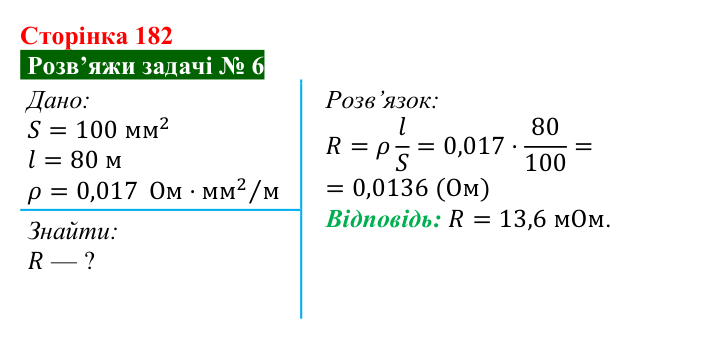 Розв’язок задачі 6 до § 26 (с. 182) з фізики для 8 класу (Засєкіна, 2025): Опір металевого провідника