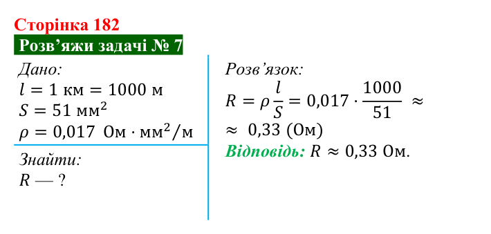 Розв’язок задачі 7 до § 26 (с. 182) з фізики для 8 класу (Засєкіна, 2025): Опір металевого провідника