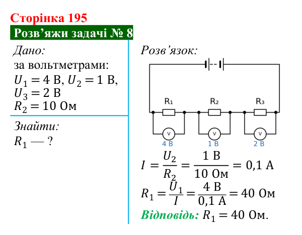 Розв’язок задачі 8 до § 27 (с. 195) з фізики для 8 класу (Засєкіна, 2025): Послідовне з’єднання провідників