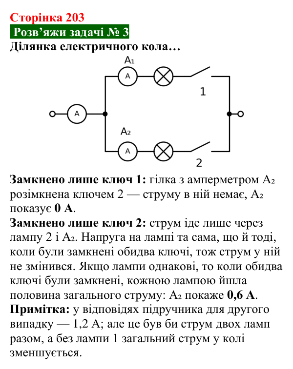 Розв’язок задачі 3 до § 28 (с. 203) з фізики для 8 класу (Засєкіна, 2025): Паралельне з’єднання провідників