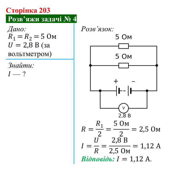 Розв’язок задачі 4 до § 28 (с. 203) з фізики для 8 класу (Засєкіна, 2025): Паралельне з’єднання провідників