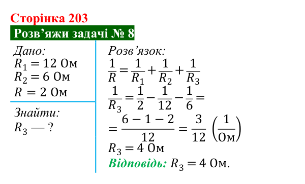Розв’язок задачі 8 до § 28 (с. 203) з фізики для 8 класу (Засєкіна, 2025): Паралельне з’єднання провідників