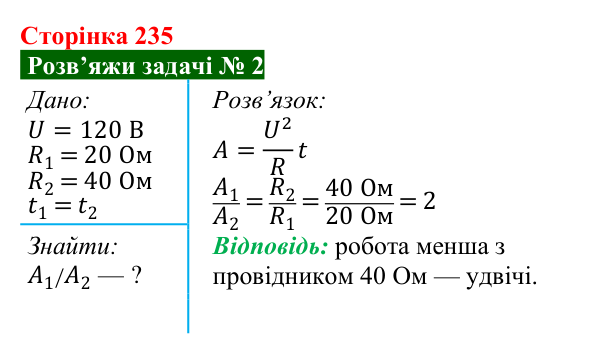 Розв’язок задачі 2 до § 32 (с. 235) з фізики для 8 класу (Засєкіна, 2025): Робота електричного струму