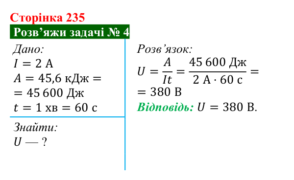 Розв’язок задачі 4 до § 32 (с. 235) з фізики для 8 класу (Засєкіна, 2025): Робота електричного струму