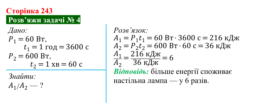 Розв’язок задачі 4 до § 33 (с. 243) з фізики для 8 класу (Засєкіна, 2025): Перетворення і використання електроенергії