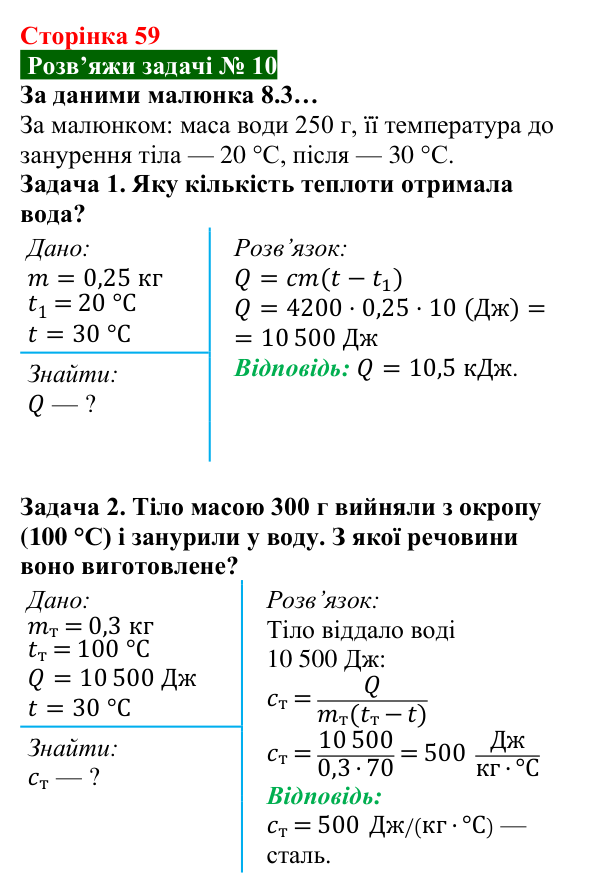 Розв’язок задачі 10 до § 8 (с. 59) з фізики для 8 класу (Засєкіна, 2025): Тепловий баланс