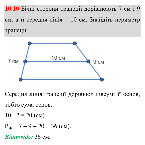 Завдання 10.10 Відповідь до завдання 10.10 (с. 63) з геометрії для 8 класу (Істер, 2025): Середня лінія трапеції, її властивість