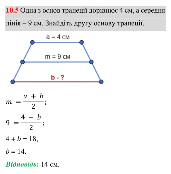 Відповідь до завдання 10.5 (с. 63) з геометрії для 8 класу (Істер, 2025): Середня лінія трапеції, її властивість