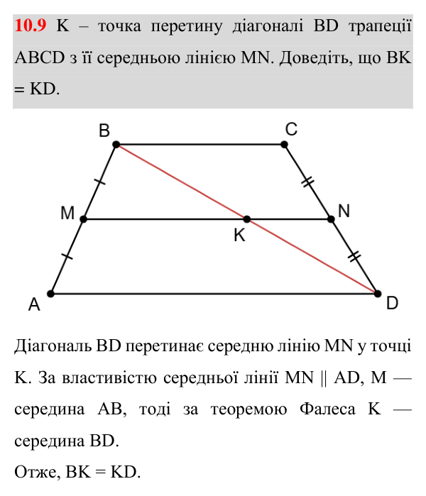 Відповідь до завдання 10.9 (с. 63) з геометрії для 8 класу (Істер, 2025): Середня лінія трапеції, її властивість