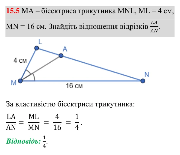 Завдання 15.5 Відповідь до завдання 15.5 (с. 99) з геометрії для 8 класу (Істер, 2025): Властивість бісектриси трикутника