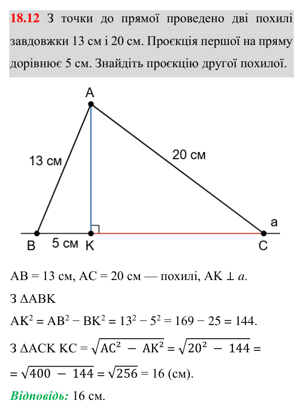 Відповідь до завдання 18.12 (с. 131) з геометрії для 8 класу (Істер, 2025): Перпендикуляр і похила, їхні властивості