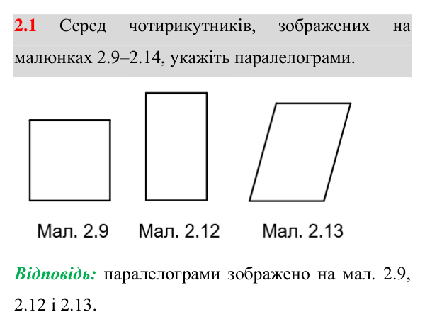 Завдання 2.1 Відповідь до завдання 2.1 (с. 21) з геометрії для 8 класу (Істер, 2025): Паралелограм, його властивості й ознаки