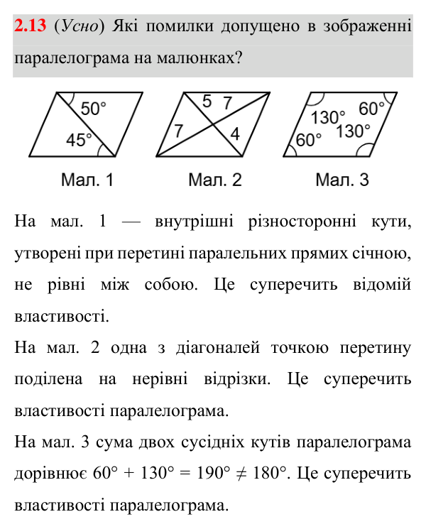 Завдання 2.13 Відповідь до завдання 2.13 (с. 22) з геометрії для 8 класу (Істер, 2025): Паралелограм, його властивості й ознаки