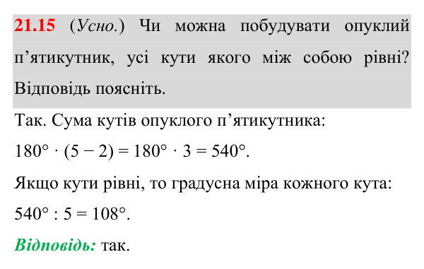 Завдання 21.15 Відповідь до завдання 21.15 (с. 159) з геометрії для 8 класу (Істер, 2025): Многокутник і його елементи