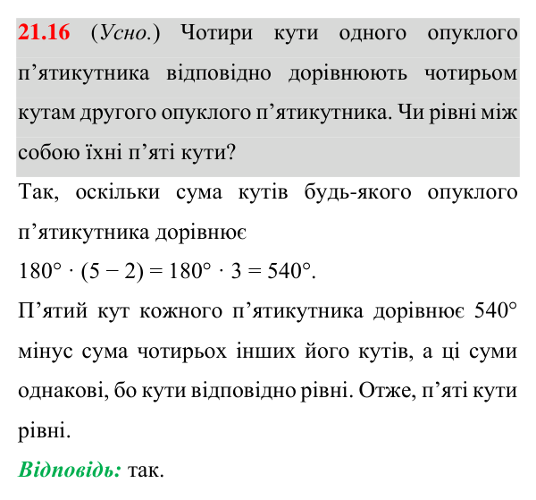 Відповідь до завдання 21.16 (с. 160) з геометрії для 8 класу (Істер, 2025): Многокутник і його елементи