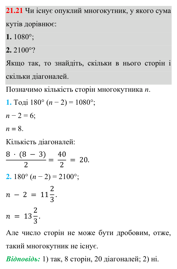 Завдання 21.21 Відповідь до завдання 21.21 (с. 160) з геометрії для 8 класу (Істер, 2025): Многокутник і його елементи