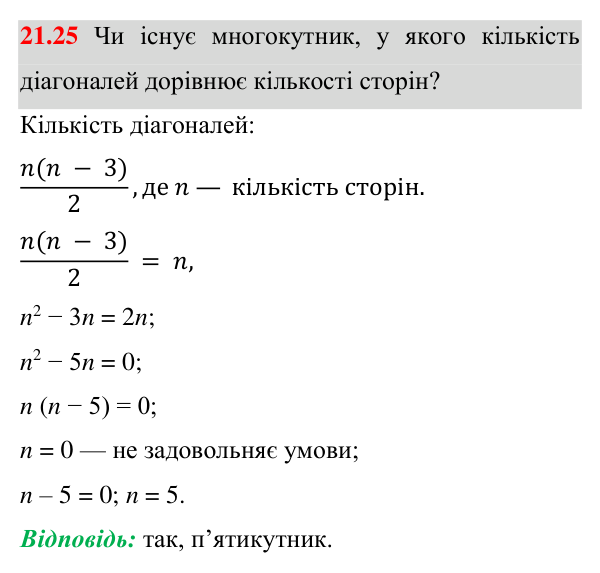 Завдання 21.25 Відповідь до завдання 21.25 (с. 160) з геометрії для 8 класу (Істер, 2025): Многокутник і його елементи