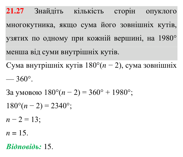 Завдання 21.27 Відповідь до завдання 21.27 (с. 160) з геометрії для 8 класу (Істер, 2025): Многокутник і його елементи