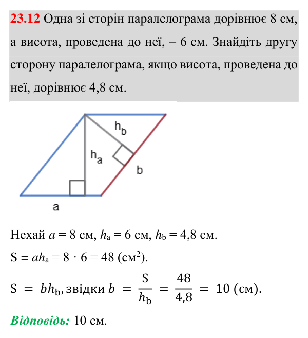 Відповідь до завдання 23.12 (с. 168) з геометрії для 8 класу (Істер, 2025): Площа паралелограма