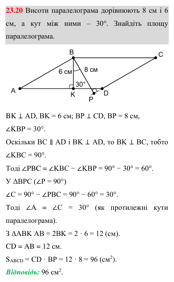 Відповідь до завдання 23.20 (с. 169) з геометрії для 8 класу (Істер, 2025): Площа паралелограма