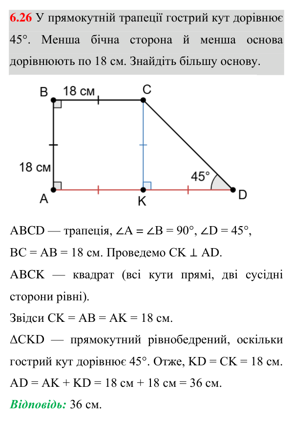 Завдання 6.26 Відповідь до завдання 6.26 (с. 46) з геометрії для 8 класу (Істер, 2025): Трапеція
