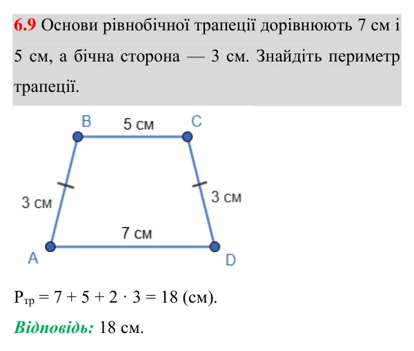Завдання 6.9 Відповідь до завдання 6.9 (с. 45) з геометрії для 8 класу (Істер, 2025): Трапеція