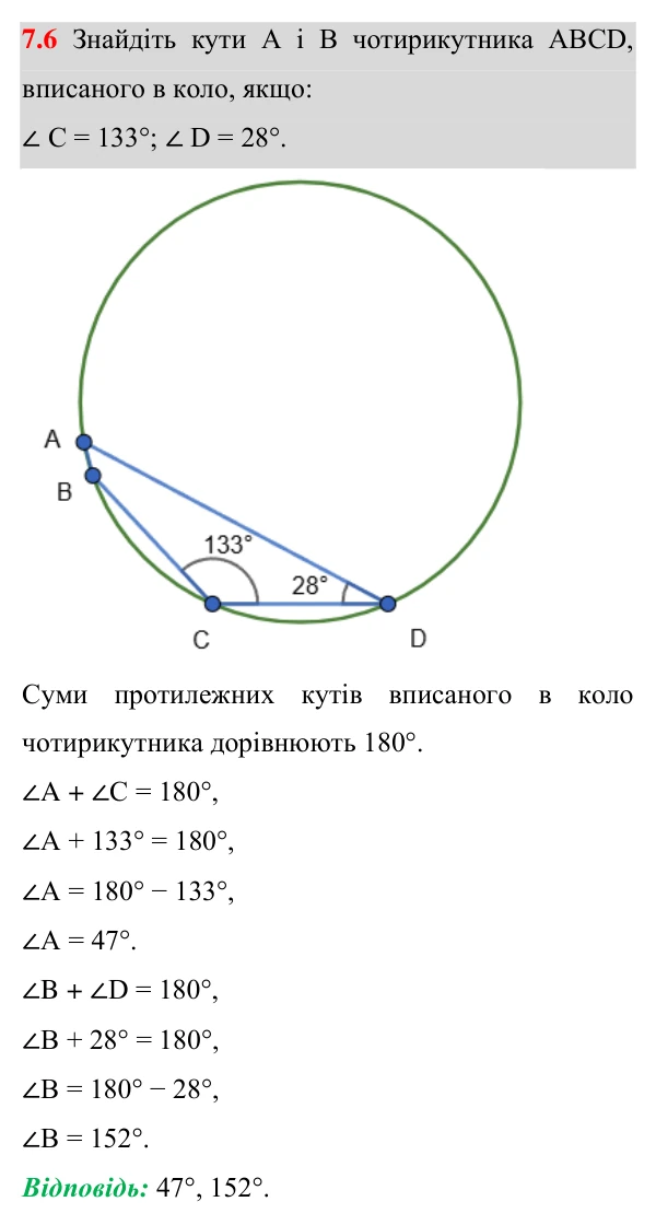 Завдання 7.6 Відповідь до завдання 7.6 (с. 52) з геометрії для 8 класу (Істер, 2025): Вписані та описані чотирикутники