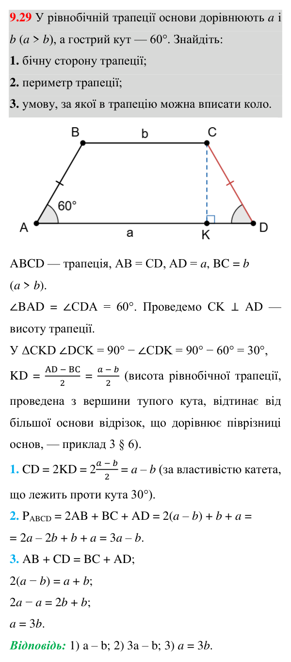 Відповідь до завдання 9.29 (с. 60) з геометрії для 8 класу (Істер, 2025): Середня лінія трикутника, її властивість