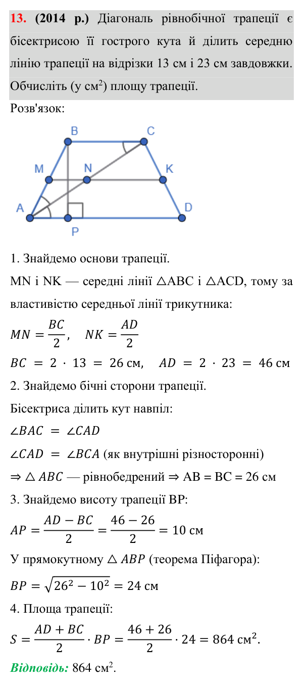 Відповідь до завдання 13 (с. 195) з додатка «Готуємося до ЗНО (НМТ)» з геометрії для 8 класу (Істер, 2025)