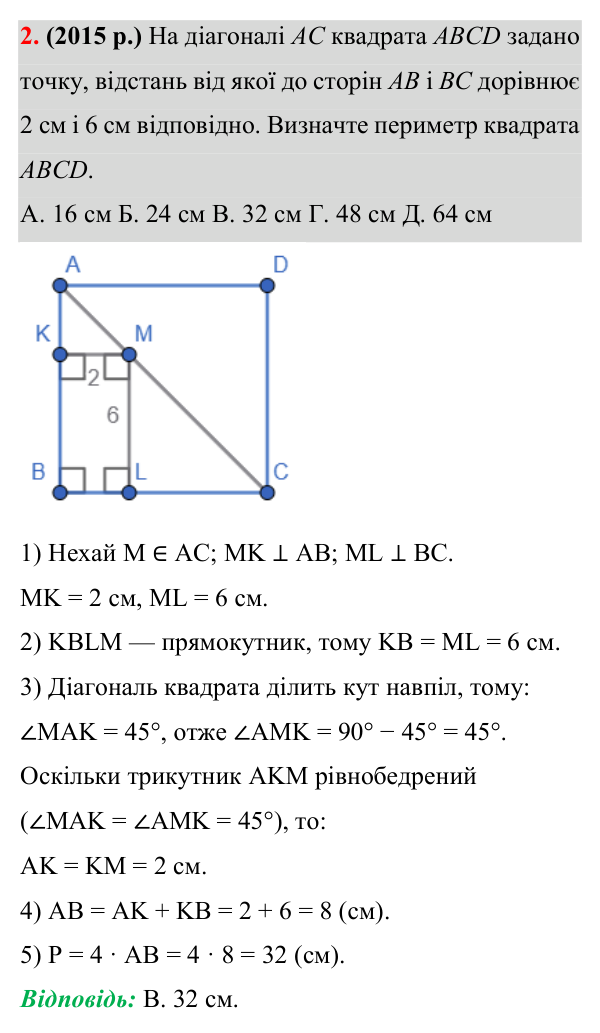 Завдання 2 (готуємося до ЗНО) Відповідь до завдання 2 (с. 193) з додатка «Готуємося до ЗНО (НМТ)» з геометрії для 8 класу (Істер, 2025)