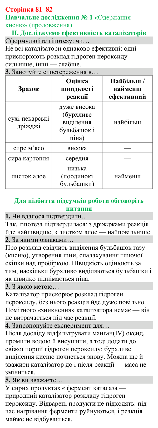 Відповіді до навчального дослідження 1 (с. 81) з хімії для 8 класу (Григорович, 2025)