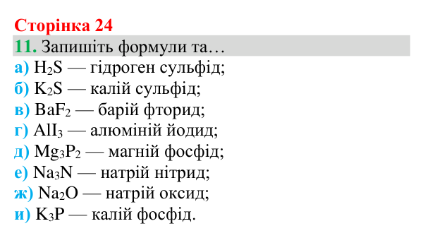 Відповідь до завдання 11 (с. 24) з хімії для 8 класу (Григорович, 2025): Формули та назви бінарних сполук