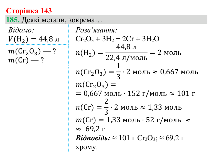 Відповідь до завдання 185 (с. 143) з хімії для 8 класу (Григорович, 2025): Водень: хімічні властивості й одержання