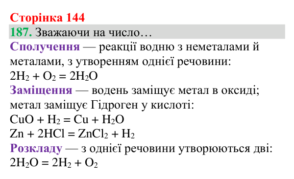 Відповідь до завдання 187 (с. 144) з хімії для 8 класу (Григорович, 2025): Водень: хімічні властивості й одержання
