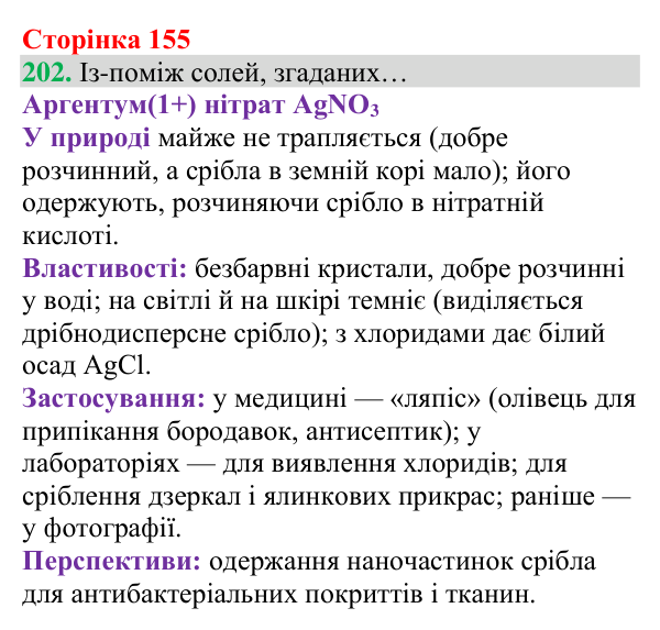 Відповідь до завдання 202 (с. 155) з хімії для 8 класу (Григорович, 2025): Солі