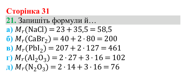 Відповідь до завдання 21 (с. 31) з хімії для 8 класу (Григорович, 2025): Відносна атомна маса та відносна молекулярна маса