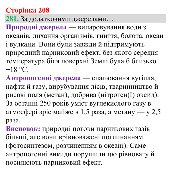 Відповідь до завдання 281 (с. 208) з хімії для 8 класу (Григорович, 2025): Колообіг Карбону. Парниковий ефект